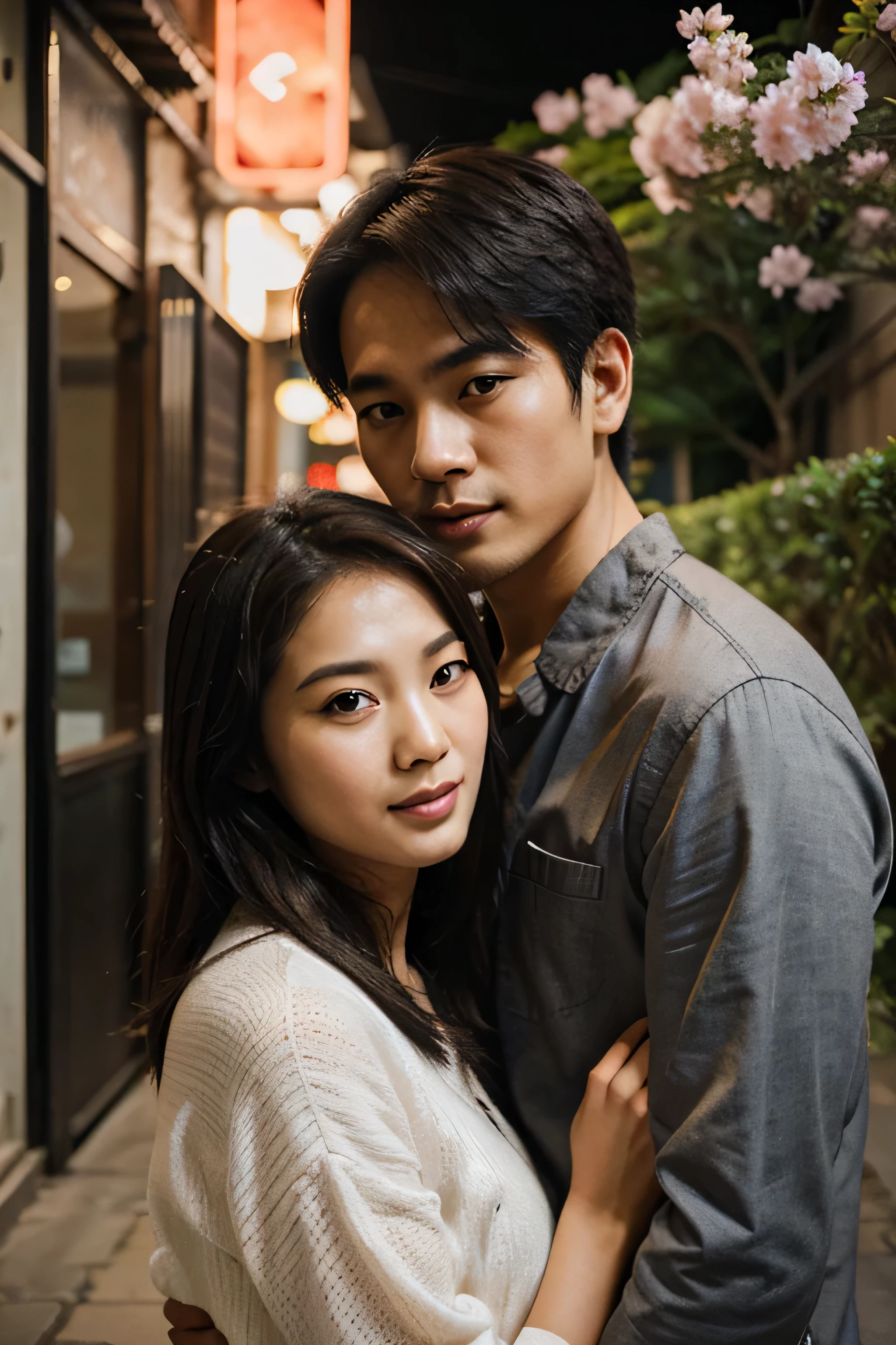 Arafed asian couple posing for a picture in a city - SeaArt AI