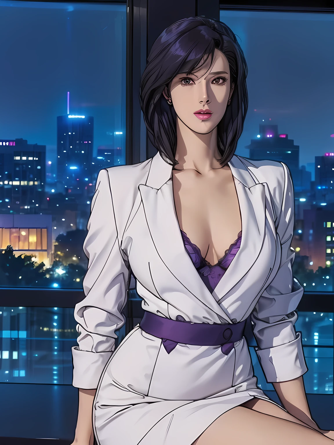 saeko_city hunter, ((Beautiful Face, A soft-looking face:1.15)), Shallow depth of written boundary, Purple collared shirt slightly open, Wearing white jacket, Dark purple pencil skirt with slit, Purple garter belt, Shiny straight shoulder-length Dark purple hair, Sweeping bangs between the eyes, extremely detailed eye and face, Sexy Body, (A little slimmer body:1.1), Captivating Body, (Perfect Face), Highlights in the eyes, Purple-black eyes, cleavage, Slightly thick thighs, Beautiful thighs, Sexy Butt, Exposed thighs, soft smiling, white skin, natural skin texture, Very perfect and beautiful face, awesome solo, Realistic texture, Realistic Skin, Highly detailed CG, Super detailed, extremely detailed beautiful face, Extremely finely detailed, (night city, illuminations, night sky), atmospheric lighting, Captivating lighting, Beautiful collarbone, perfect style body, Perfect slim body, Sharp Face, long legs, skyscrapers, Accurate Fingers, HDR, (detailed beautiful eyes:1.1), High-definition RAW photos, (large breasts), (cool beauty), Earrings, Full body, Urban, (masterpiece:1.3) 