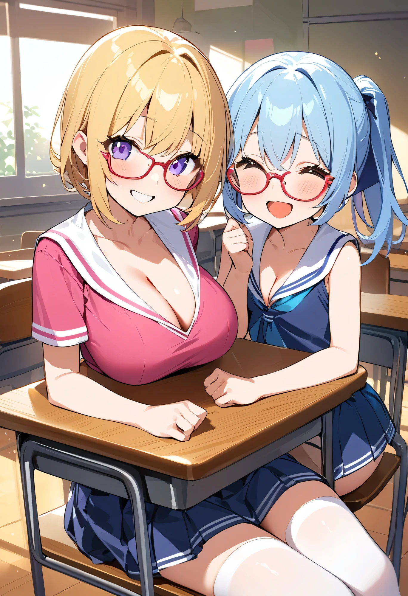 Highest quality、High resolution、Detailed Background、Artistic、mysterious、Beautiful face in every detail、age beauty、Huge breasts、Detailed facial expressions、Light-colored hair、ponytail、Bobcut、Perfect body line、Glasses、Navy blue sleeveless sailor suit、White sailor collar、Navy blue pleated skirt、White Stockings、A big smile、laughing、A fun atmosphere、
(Bottom view of two litttting at a desk in a classroom:1.5)、Emphasize cleavage、Show your side、cute
