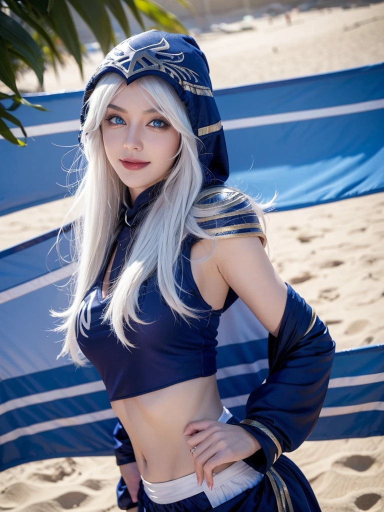 Ashe,white hair, blue eyes,hood,upper body,pper body,seductive smile,beach