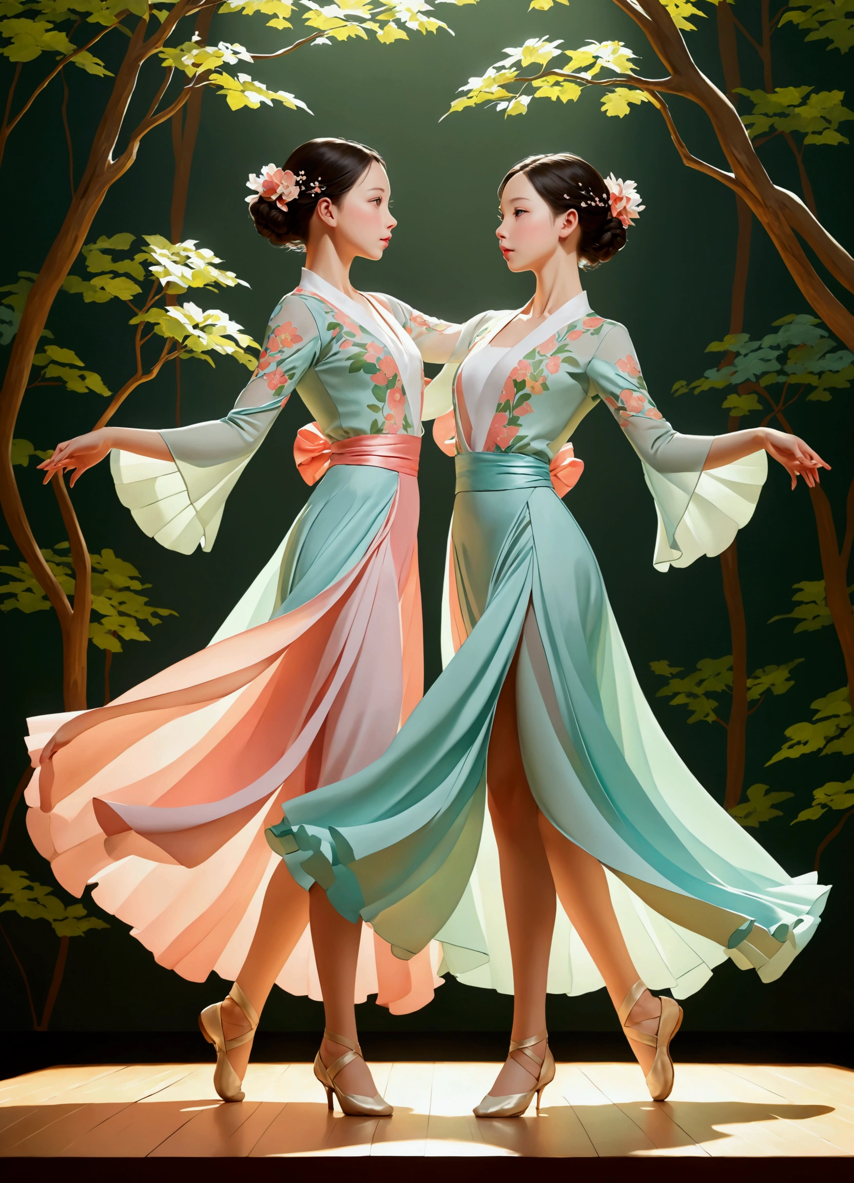 ((Inspired by Neil Welliver))，A pair of beautiful and graceful twin dancers，Wear flowing outfits in soft pastels，Performing gracefully on stage，Dramatic studio lighting，Vibrant colors，Dynamic posture，Soft background blur，High-quality 3D rendering，masterpiece, best quality