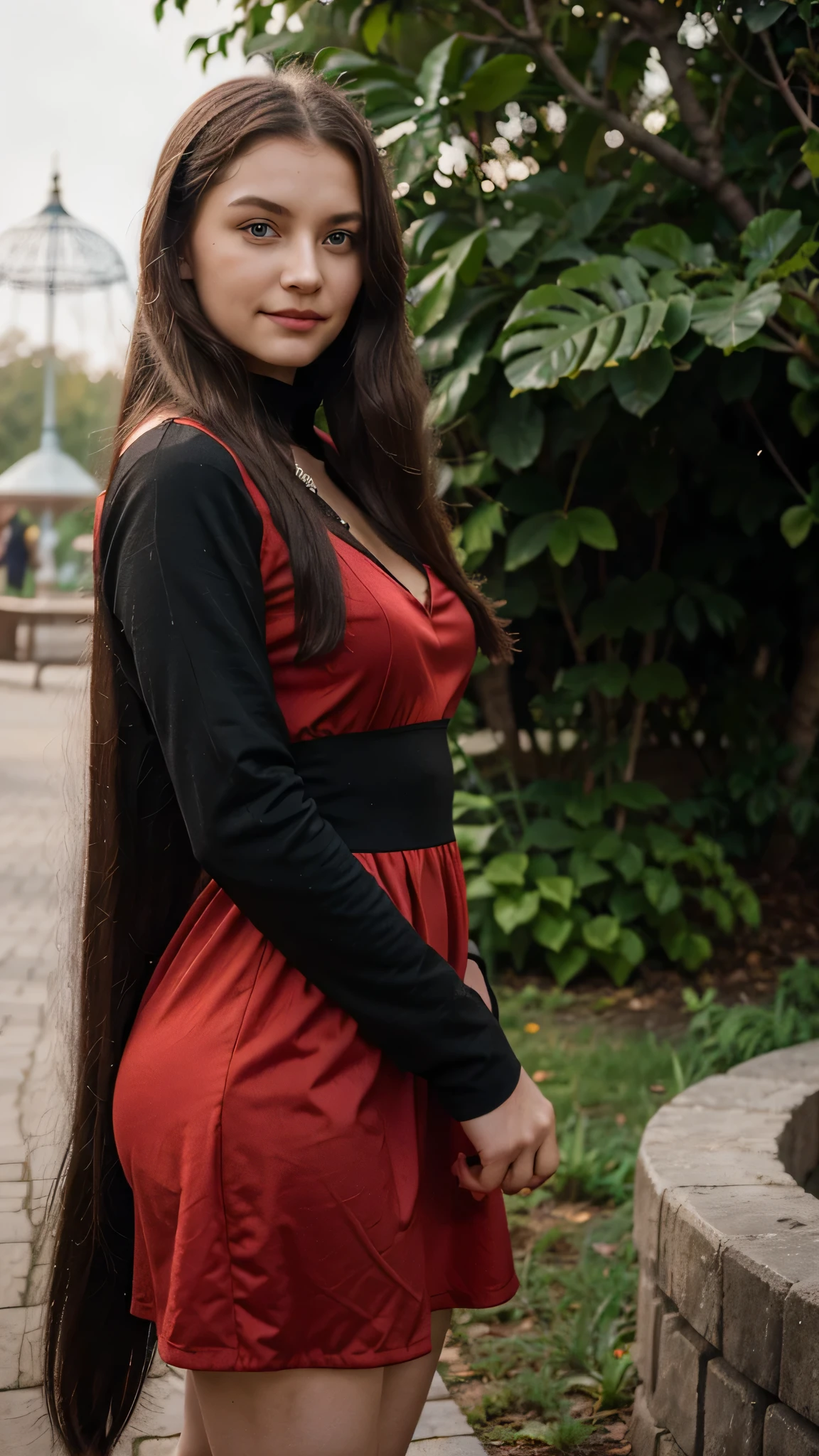 young belarusian woman, black long hair, green eyes, 27 years old, pet lover, smirk, posing, zoo background, wearing red dress