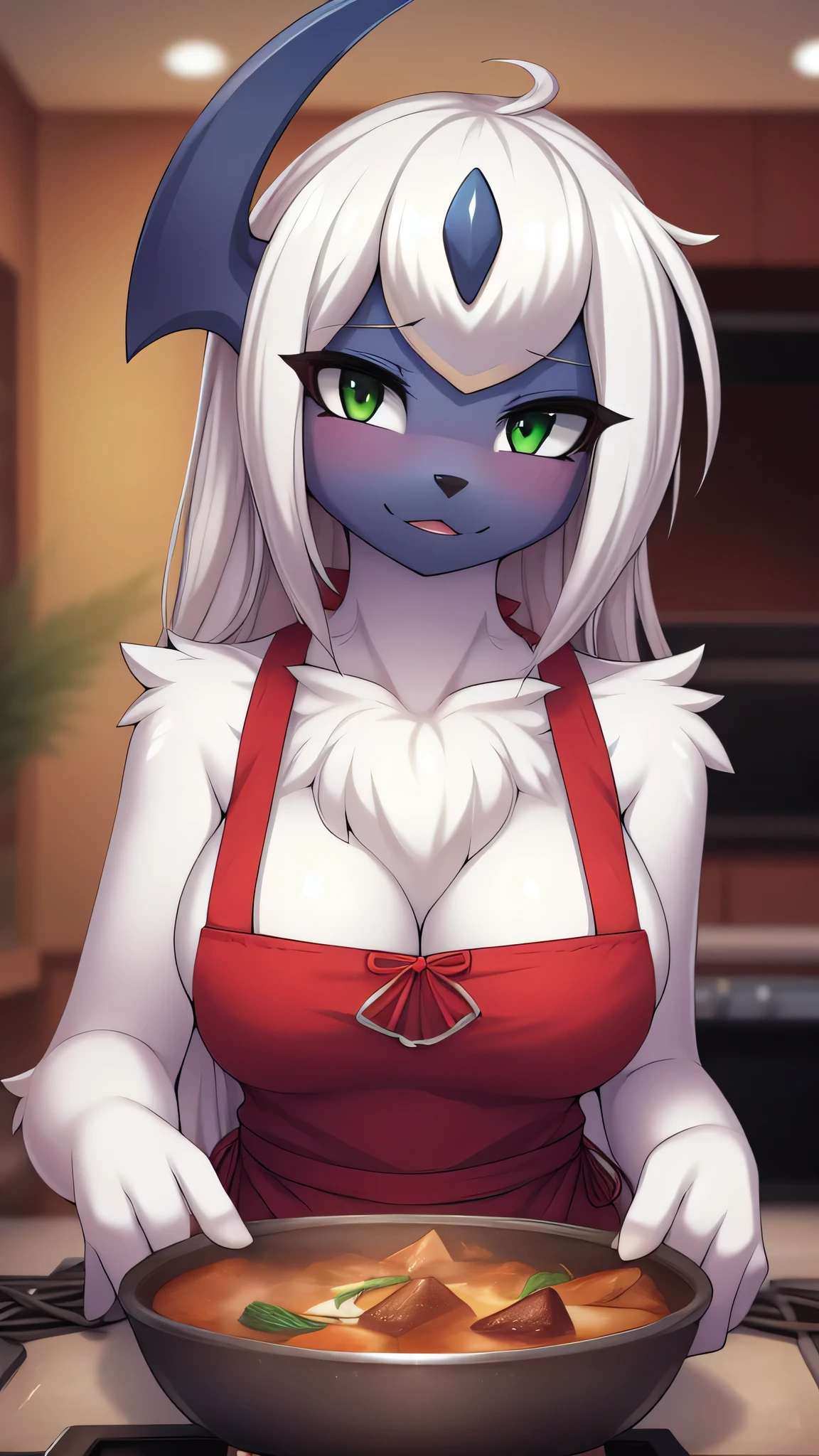 By zinfyu,by twistedscarlet60, uploaded on pixiv, by fluff-kevlar, (masterpiece), (best quality), (solo female:1.2), (extremely detailed:1.3),(detailed eye,black circle on eye,Green eye), Absol, view on viewer, close view, shy face, half body on potrait, only body and head, closeup, wearing cooking apron, medium Breast, in living room, perfect curcle of breast, thight clotches, beautiful white long hair, beautiful hair