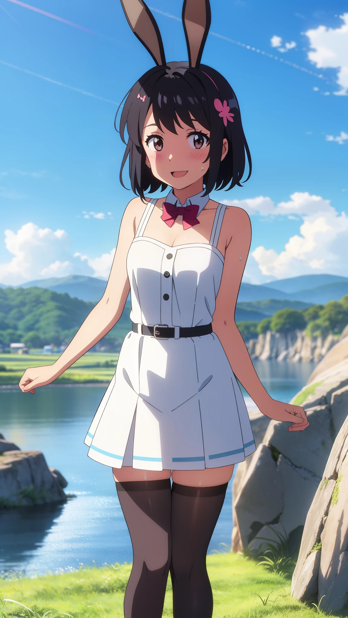 shinkai makoto, kimi no na wa., 1girl, bangs, black hair, blush, brown eyes, perfect face, shinny skin, bare shoulders, short hair, smile, open mouth, cute, solo, hair ornament, rabbit ears, white dress, white skirt, detached collar, black thighhighs, looking at the viewer, cloudy, blue sky, mountains, rocks, standing, sweat, (masterpiece), best quality