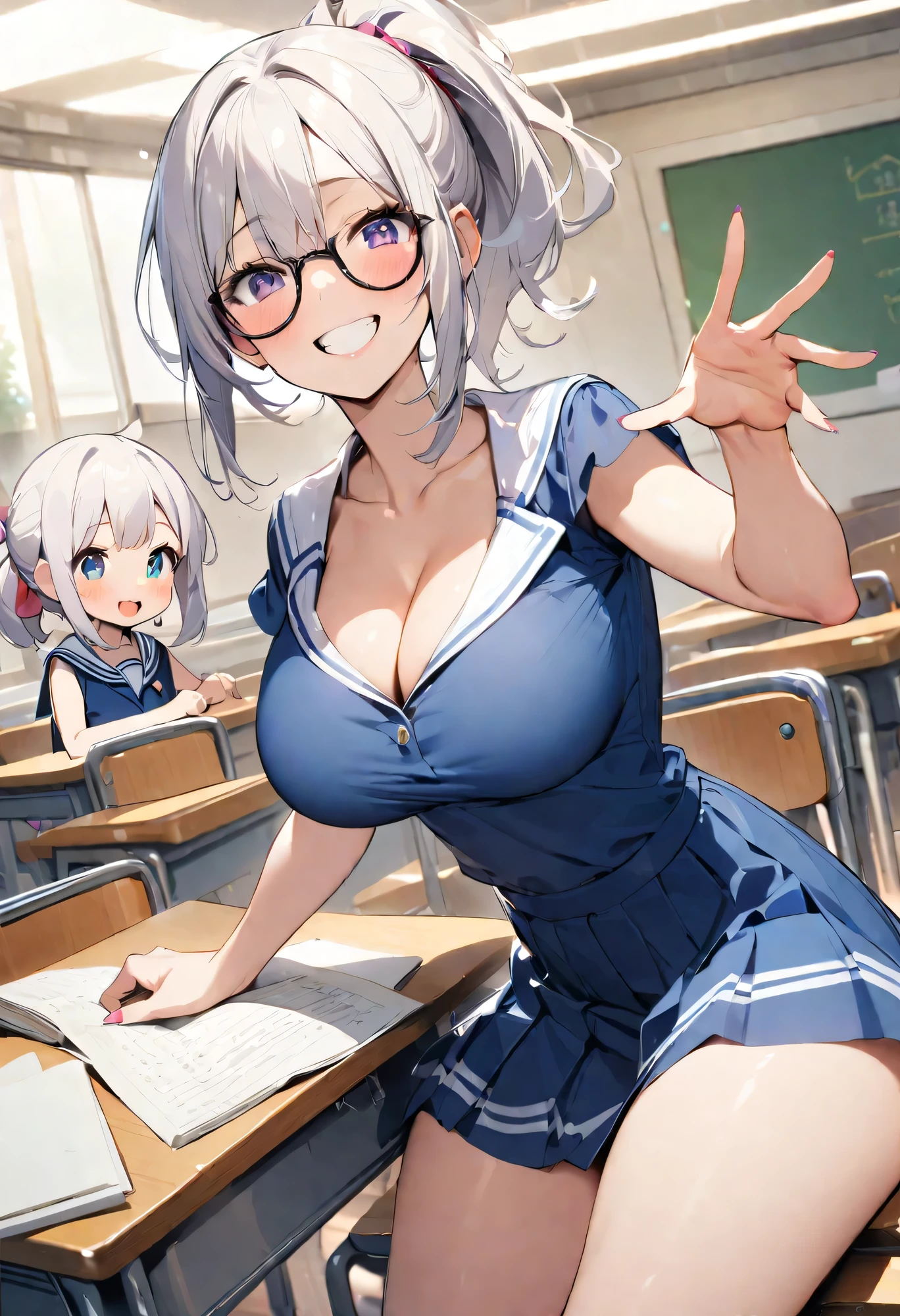 Highest quality、High resolution、Detailed Background、Artistic、mysterious、Beautiful face in every detail、age beauty、Huge breasts、Detailed facial expressions、Light-colored hair、ponytail、Bobcut、Perfect body line、Glasses、Navy blue sleeveless sailor suit、White sailor collar、Navy blue pleated skirt、White Stockings、A big smile、laughing、A fun atmosphere、
(Bottom view of two litttting at a desk in a classroom:1.5)、Emphasize cleavage、Show your side、cute