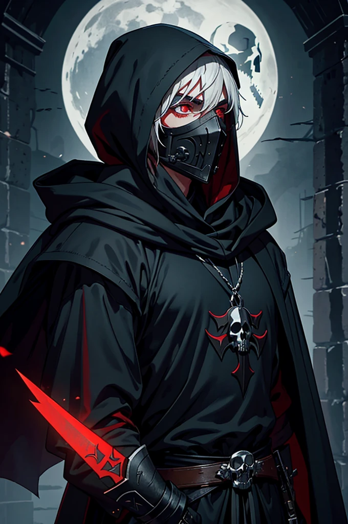 A man, wearing a black hood, tattered, magic circles, highest quality digital art, highest resolution, absolutely stunning art, extremely detailed,, reaper class, wearing a black and white mask, blue and red eyes, eyes glowing in the Dark,
