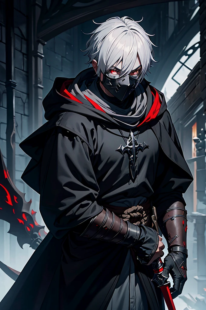 An assassin, male, fantasy character, physically strong, wearing a skull mask covering his face and eyes, dressed in black medieval attire, with a white hooded cloak over it, gray hair, short hair, red eyes, holding a dagger, nighttime background.