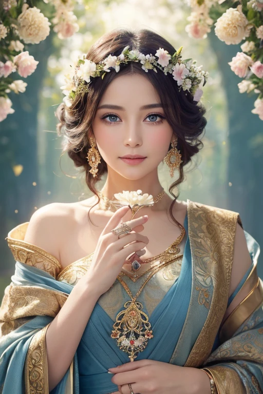 (Masterpiece,Ultra-high resolution, high resolution, 8k, Octane, Intricate details)
The beautiful flower goddess is a mature beauty,A bold composition of flowers and people,Middle-aged woman,The grace and elegance she exudes is unparalleled.,Fractal Art,Skin-covering gown(Covered in beautiful and delicate jewels,Unique)Uplifting,Alphonse Mucha paintings,Blue-eyed beauty,The purifying energy,Beautiful flowers surrounding the figure々