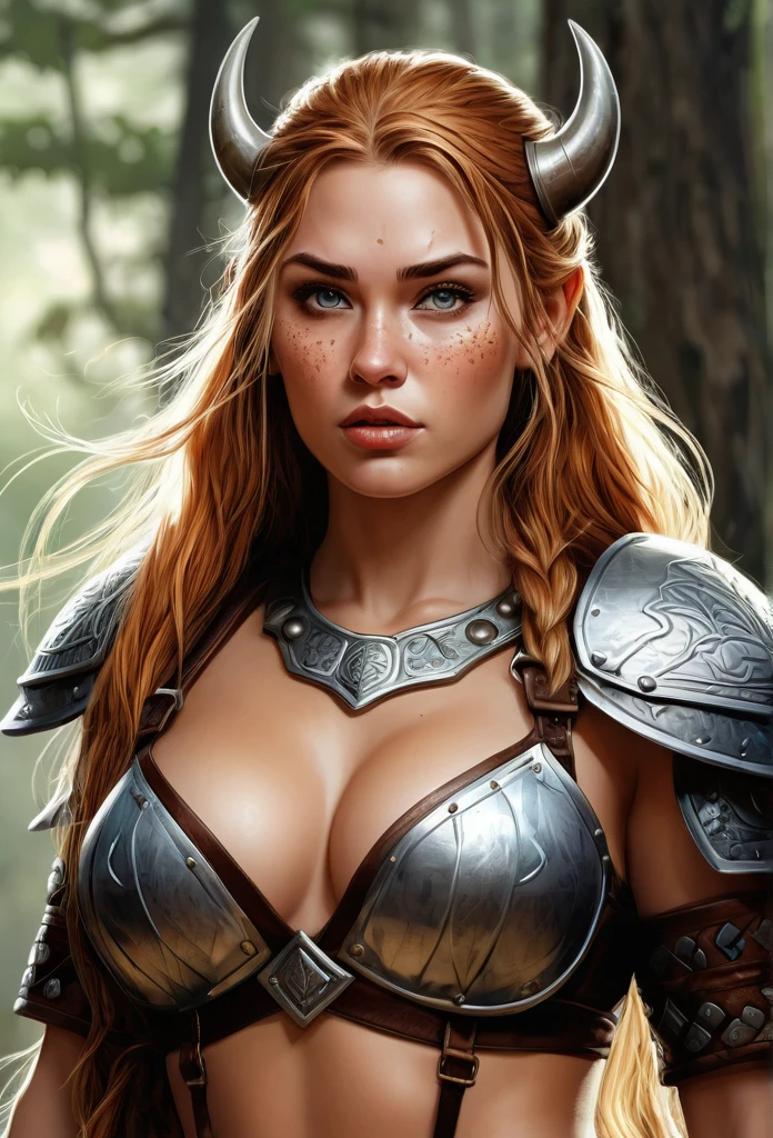 Viking character with scars of war, erotic image of a sexy Viking woman, cartoon art style, digital illustration style, highly detailed character design, courage detailed digital art, Forest fan art, Portrait Character Design, beautiful digital illustration, high-quality portrait, comic book art, young woman with beautiful hair, Beautiful outlined eyes, exposed Medium large bust and erotic sensual clothes. expression of sexual desire image, full body illustration