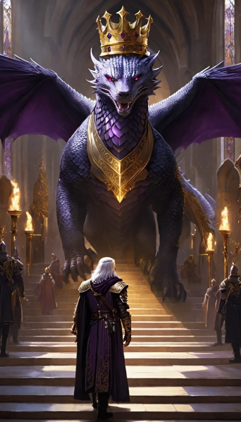 A king resembling a young Aegon the Conqueror, with silver-gold hair and purple eyes, enters the Nightfort's great hall. He wears a golden crown with ruby dragons. His young son, similarly featured, walks beside him. Black-clad Night's Watch members bow."