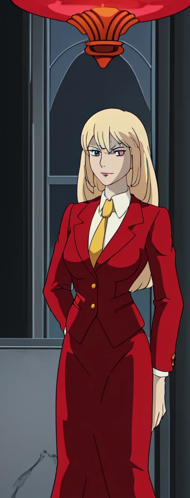 Evil light blonde skinned business woman in a red skirt suit 