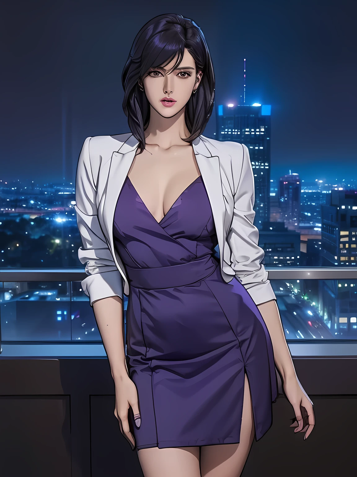 saeko_city hunter, ((Beautiful Face, A soft-looking face:1.15)), Shallow depth of written boundary, Purple collared shirt slightly open, Wearing white jacket, Dark purple pencil skirt with slit, Purple garter belt, Shiny straight shoulder-length Dark purple hair, Sweeping bangs between the eyes, extremely detailed eye and face, Sexy Body, (A little slimmer body:1.1), Captivating Body, (Perfect Face), Highlights in the eyes, Purple-black eyes, cleavage, Slightly thick thighs, Beautiful thighs, Sexy Butt, Exposed thighs, soft smiling, white skin, natural skin texture, Very perfect and beautiful face, awesome solo, Realistic texture, Realistic Skin, Highly detailed CG, Super detailed, extremely detailed beautiful face, Extremely finely detailed, (night city, illuminations, night sky), atmospheric lighting, Captivating lighting, Beautiful collarbone, perfect style body, Perfect slim body, Sharp Face, long legs, skyscrapers, Accurate Fingers, HDR, (detailed beautiful eyes:1.1), High-definition RAW photos, (large breasts), (cool beauty), Earrings, Full body, Urban, (masterpiece:1.3) 