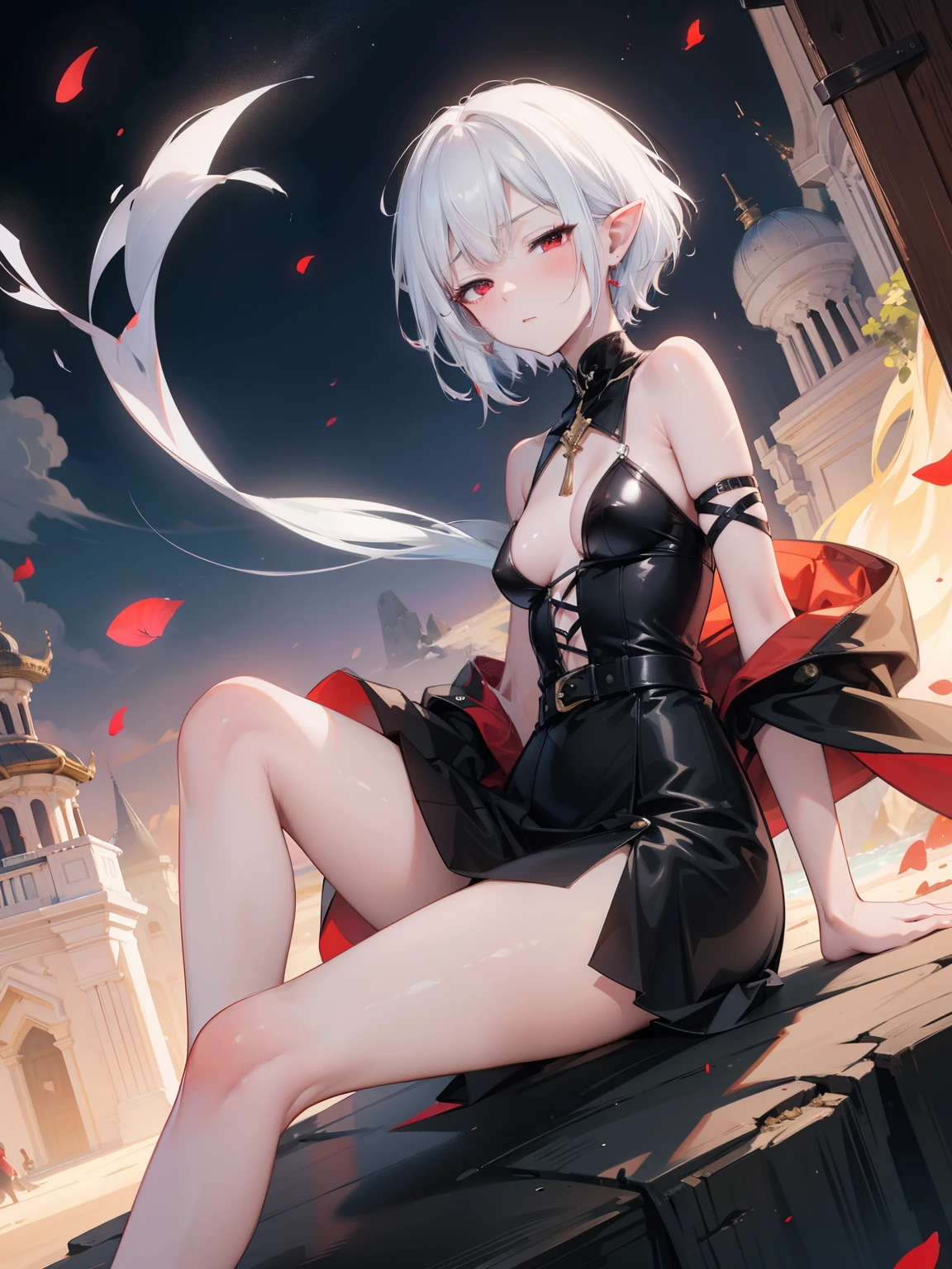 (full body view),(Elf girl),((two colored hair, short white hair with black hair streak)),(((light shine red eyes))), warm light,( ),busty,Glamour,Gorgeous,monochromes,Arrange Pose,Dramatic,Cinematic,Detailed background, Dynamic Angle,From the angle of the film,Gothic background, Dark fantastic view,Best Quality,masutepiece,8K,The ultimate detailed dark background, Top image quality, RAW photography, 超A high resolution，cropped shoulders, overall look is very erotic、Shot for one person only, model shoot, round chest, Beautiful Eyes of Details、Very slender eyes、Beautiful eyelashes、Very slim physique, with blush cheeks, on the beach