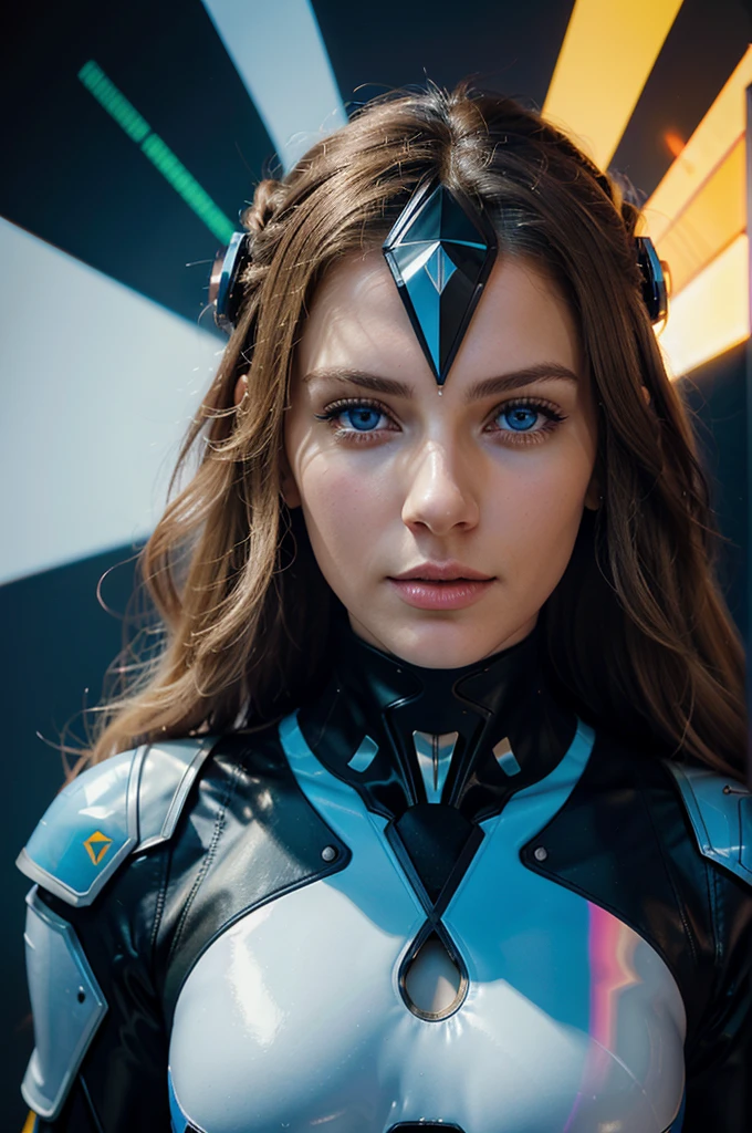 portrait of a woman 30 years old white woman she has very long wavy hair, she has blond hair, blue eyes, slim face and nose, slim, futurist royal black and blue armor and crown, colorful vectors, dynamic lines, geometric shapes, gradient colors, futuristic, digital art, high-tech, vibrant hues, 3D rendering, complex design, symmetrical patterns, sun lights, glowing effects, sharp edges, vector graphics, vector art, motion blur, vector illustration, smooth curves, precise angles, precision rendering, modern aesthetics, sleek style, innovative composition, high-contrast, energy, kinetic, digital brushstrokes, surreal, chromatic aberration, artistry, professional quality, ultra-detailed, vivid colors, vibrant atmosphere, dynamic perspective