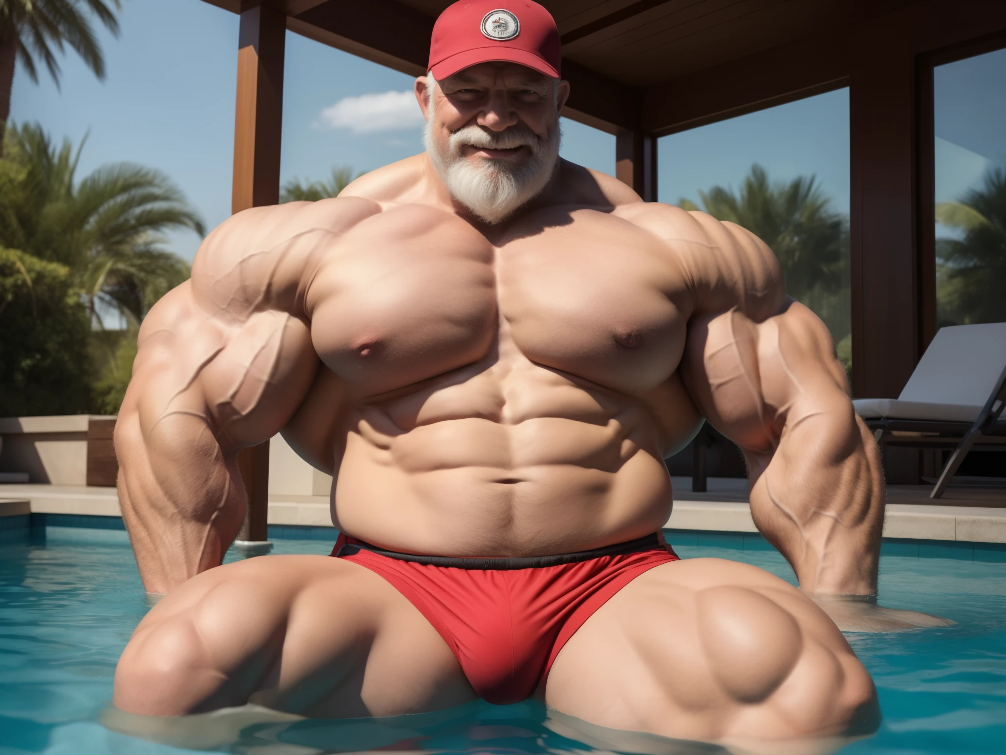 huge muscular old man, old, grandpa, very old, wringkless skin , sitting in pool , wearing baseball hat, happy, pectoral, thick arms, huge pectoral, hyper pectoral, extremely huge pectoral, wide pectoral, white hair, white beards, masterpiece, semirealistic:1.2, high detailed, 8k, high resolution, perfect center, full view. ((really big muscle, massive muscular, wide shoulders, sixpack, thick arms, wide pectoral, super huge muscle, hyper muscular, over sized muscle, huge arms, big arms, huge pectoral))