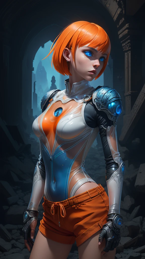 (The best quality,A high resolution,Ultra - detailed,actual),LEELOO with tattoos and orange shorts posing in front of a spaceship, (LEELOO outfit:1.4) , (LEELOO:V2.1) , madison beer as LEELOO, (Ilya Kuvshinov:1.4) . 4 k, cute cyborg girl,( alena aenami and android jones) , (BodySuit white transparent :1.4), alena aenami and artgerm, ultra realistic concept art, Amouranth, beautiful digital artwork,( orange shorts :1.4), epic fantasy art style hd, 4K fantasy art, epic fantasy digital art style, epic fantasy art style, Fantasy Woman, epic fantasy art portrait, Epic fantasy style, hyperrealistic fantasy art, hd fantasy art, epic fantasy character art, epic fantasy art, in style of dark fantasy art, epic fantasy digital art, ,(Ruined dungeon ruins background:1.4 ), (detailed perfect anatomy :V2.1),( cinematic lighting :1.4),( face detailed :1.4),( cowboy pose :1.4), (detailed blue beautiful eyes :1.4),( background tokyo destroy :1.4) 