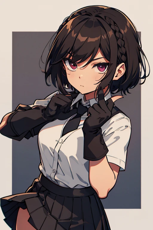 Brown braided bob,tie, black skirt,Black gloves,scottpilgrimvstheworld,White stylish blouse