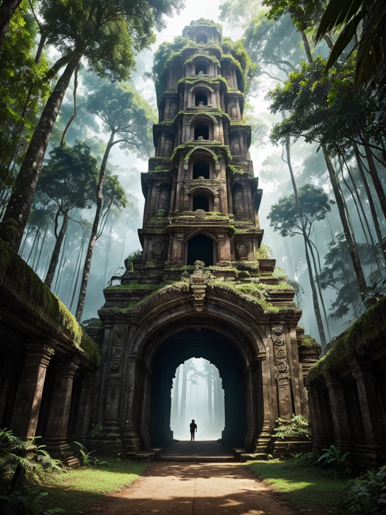 "Design a captivating book cover for an adventure and exploration novel. The cover should evoke a sense of mystery and adventure.
Background: A dense Amazon jungle with towering trees and vibrant greenery.
Foreground: An ancient, partially overgrown stone structure with intricate carvings. title at the top reads 'Journey Through the Unknown' Siddheswar Mahanand 'Journey Through the Unknown' letters. allout" in stark, bold The bottom includes credits in a a classic movie poster style. The overall tome is Mood and Style: Adventurous, mysterious, and inspiring."