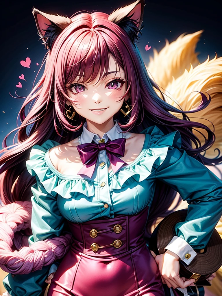 Magenta hair, brown eyes, older woman, hair bows, cat ears, long hair, smiling face, business outfit, teal and gold outfit, hearts background