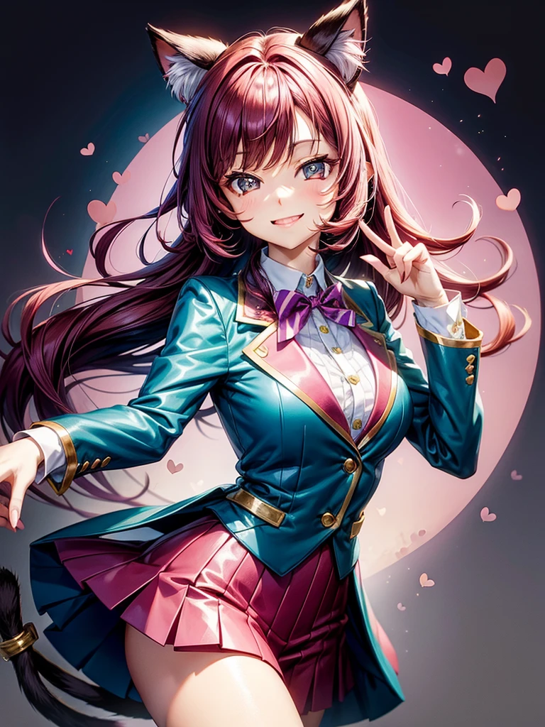 Magenta hair, brown eyes, older woman, hair bows, cat ears, long hair, smiling face, business outfit, teal and gold outfit, hearts background