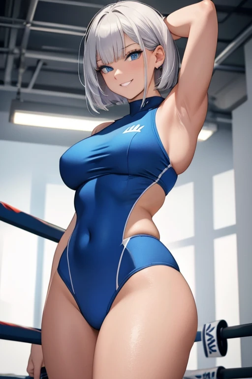 A woman with silver bob hair and blue eyes, (She is looking down), extremely detailed and realistic, masterpiece quality, ultra-detailed, HDR, vivid colors, physically-based rendering, thick thighs, (scornful grin),  she is a boxer, long thick muscular thighs, wearing boxing wear