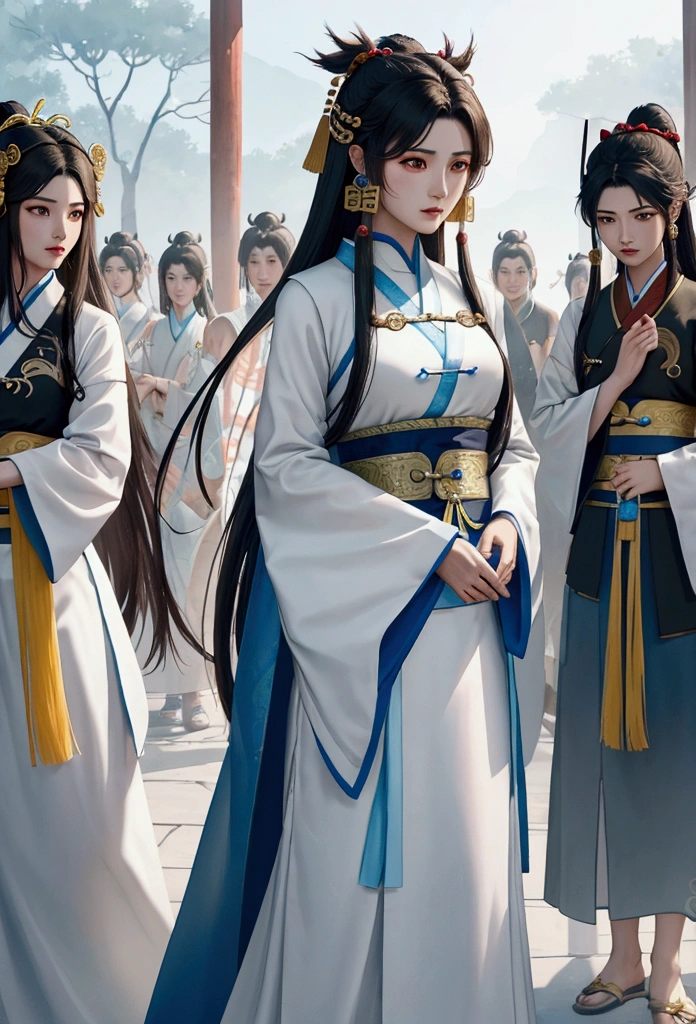a close up of a group of people standing next to each other, game cg, xianxia fantasy, chinese fantasy, full body wuxia, chinese mmorpg, xianxia hero, korean mmo, wuxia, dynasty warriors, g liulian art style, mmorpg, by Ren Renfa, inspired by Pu Hua, mmorpg fantasy