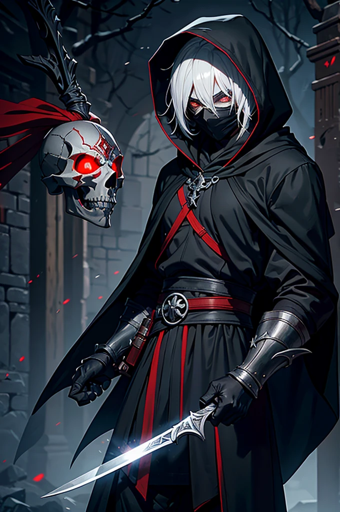 An assassin, male, fantasy character, physically strong, wearing a skull mask covering his face and eyes, dressed in black medieval attire, with a white hooded cloak over it, gray hair, short hair, red eyes, holding a dagger, nighttime background.