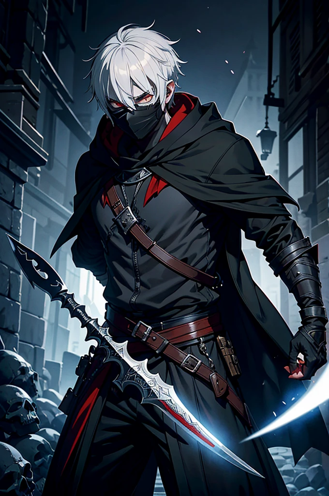 An assassin, male, fantasy character, physically strong, wearing a skull mask covering his face and eyes, dressed in black medieval attire, with a white hooded cloak over it, gray hair, short hair, red eyes, holding a dagger, nighttime background.