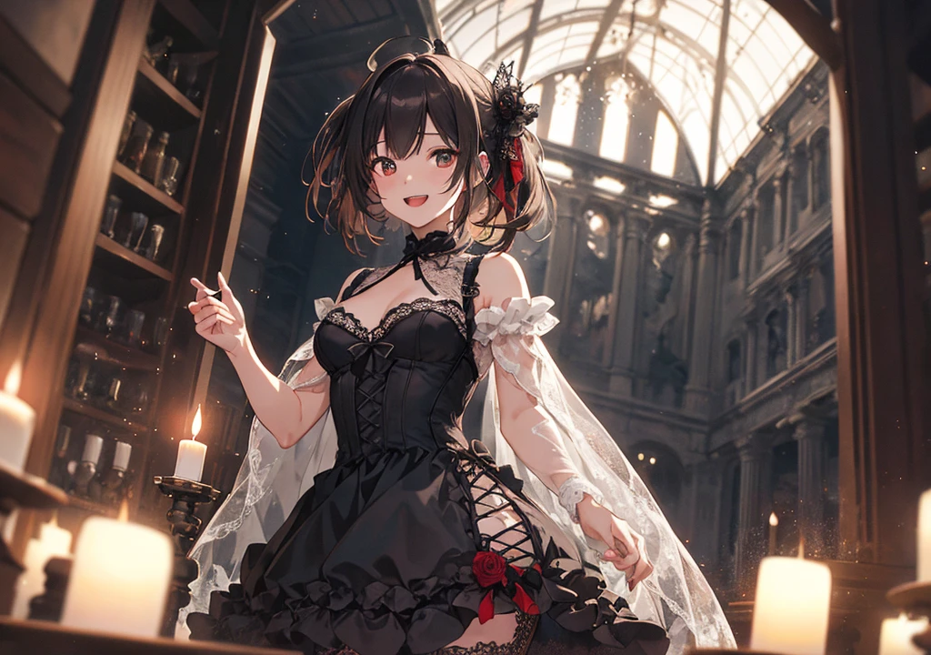 Realistic photos, Focus distance 10mm, Red and white, A big smile, Beautiful girl, Realistic photos, Focus distance 10mmで撮影, masterpiece, 最high quality, high quality, Very detailed CG 8k wallpaper unit, Award-winning photography, Depth of written boundary, High resolution, bloom, chromatic aberration, Realistic, Very detailed, Art Station Trends, CGsociety Trends, Complex, High detail, dramatic, Art on the go, volumetric lighting, On Halloween night, a singer is singing with ghosts in a graveyard. She is wearing a black and white lace dress and holding a candle in her hand