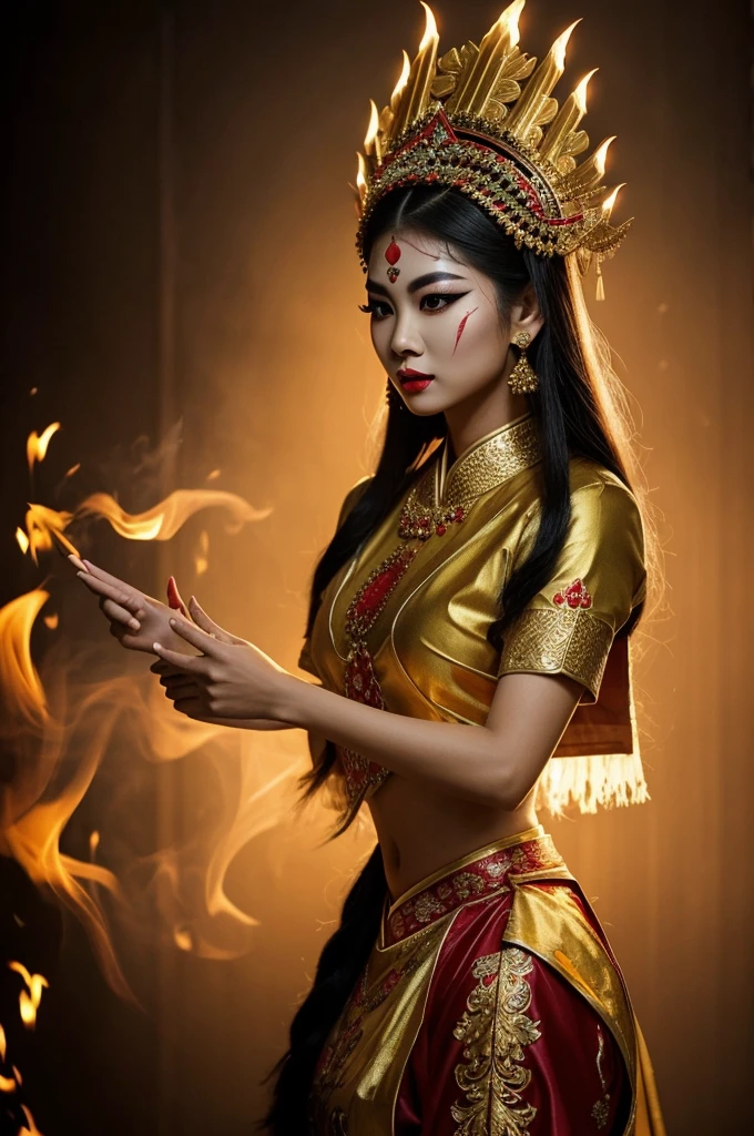 "Asian individuals wearing traditional Thai costumes with complex patterns, including gold headdresses and multicolored robes. The face is painted white with detailed makeup, including red lips and black eyebrows. Horror in the dark background creates a mysterious and amazing atmosphere with smoke rising in the shadow, calm posture. One hand points forward in a quiet manner." Horror movie. virtual image