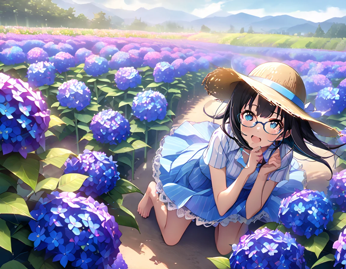 White and light blue striped shirt、Light blue long flared skirt、The wind blows and my skirt flips up、Showing off cute white lace underwear、barefoot、Long Black Hair、Glasses、Straw hat、Alone in a giant hydrangea field