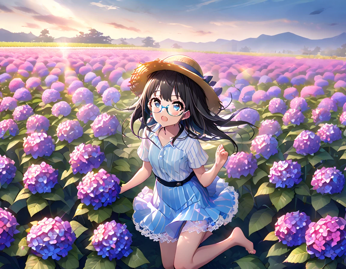 White and light blue striped shirt、Light blue long flared skirt、The wind blows and my skirt flips up、Showing off cute white lace underwear、barefoot、Long Black Hair、Glasses、Straw hat、Alone in a giant hydrangea field