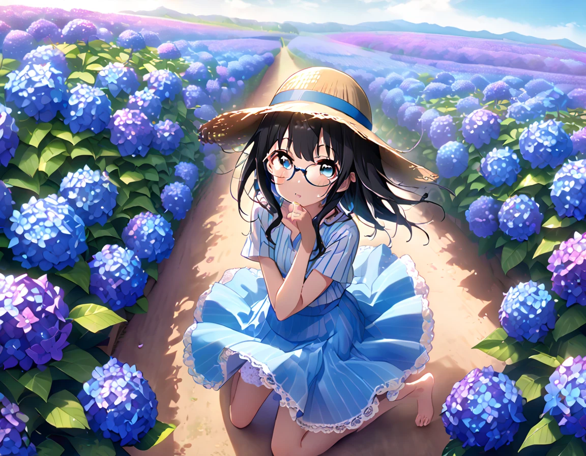 White and light blue striped shirt、Light blue long flared skirt、The wind blows and my skirt flips up、Showing off cute white lace underwear、barefoot、Long Black Hair、Glasses、Straw hat、Alone in a giant hydrangea field