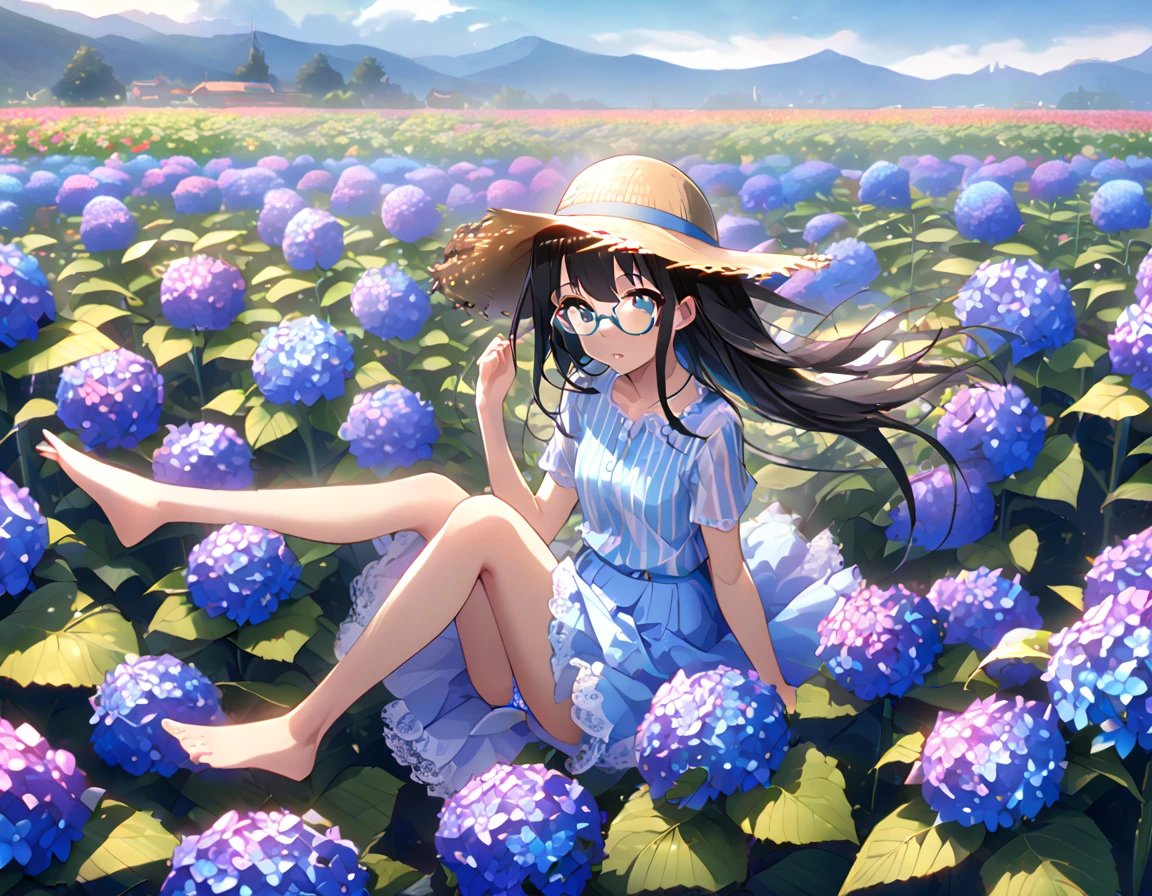 White and light blue striped shirt、Light blue long flared skirt、The wind blows and my skirt flips up、Showing off cute white lace underwear、barefoot、Long Black Hair、Glasses、Straw hat、Alone in a giant hydrangea field