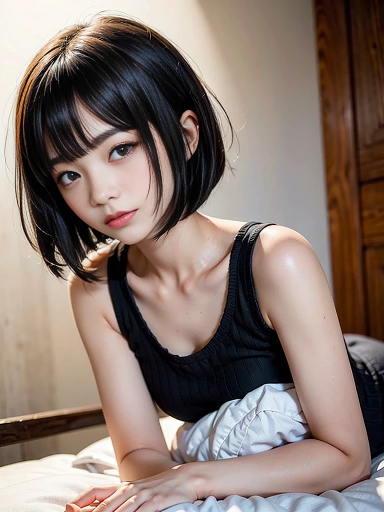 Masterpiece,best quality,solo, one beautiful Japanese girl,13 years old,lonely smile,(black eyes,large eyes, half-open eyes, eyelids half-closed, glazed over, slanting eyes,sleepy eyes:1.5),(black soft hair,bob cut,straight bangs:1.5),(Infantile body,flat chest:1.5)