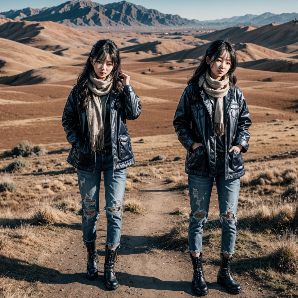 fullbody view, ornate detail, masterpiece, Professional photography of a Korean woman wearing a navy cargo jacket, ripped jeans, boots, a scarf around his neck, standing leaning against a wooden fence, a stretch of dry grass, barren dusty land, a dark cloudy sky, enjoying the silence of the afternoon, thick fog in the background blocking the view, looking at the camera, 