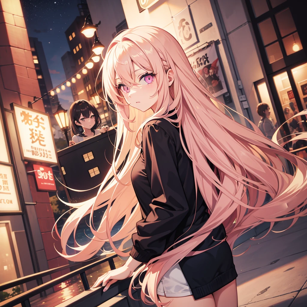 Adult woman, pink eyes, long blonde hair, casual, night