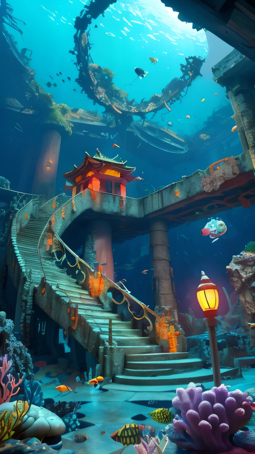 Undersea ruins, temple, Pixar, Abstract expressionism, Abstract expressionism, Surrealism, masterpiece, UHD, high quality