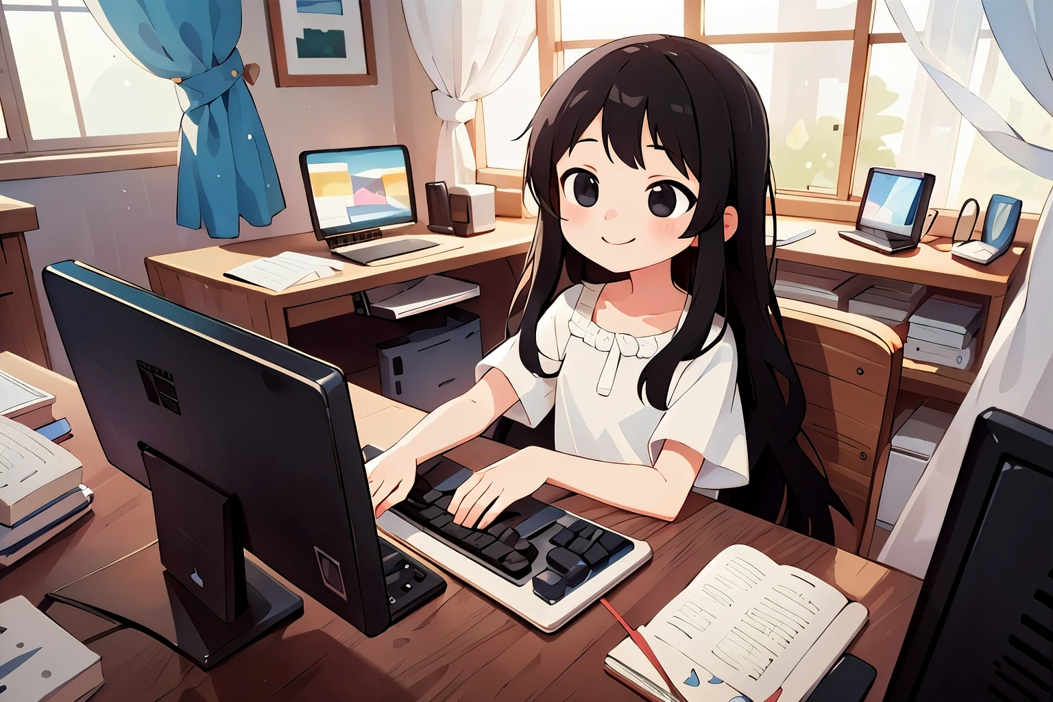 ((masterpiece))), Highest quality, Highest quality, Attention to detail、Girl、Long Black Hair、Gentle smile、White dress、computer、desk、typing