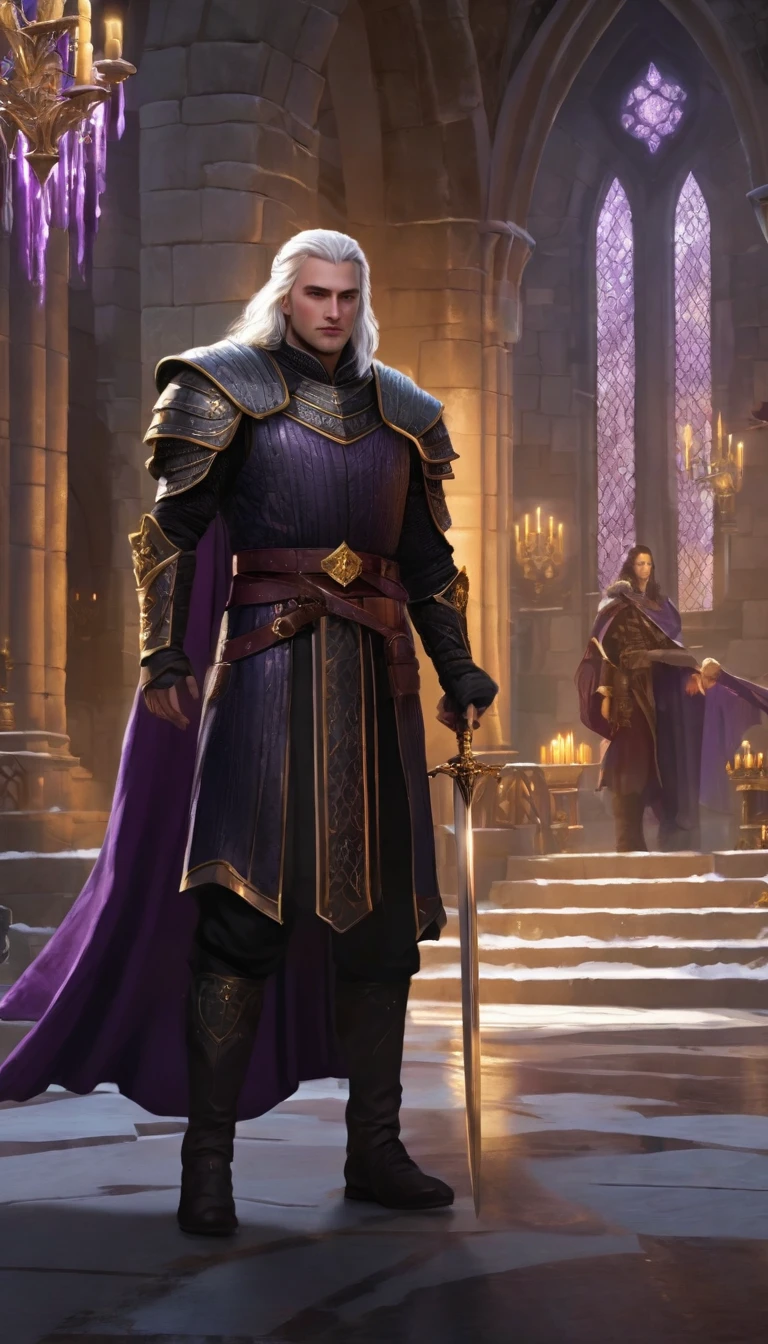 A king resembling a young Aegon the Conqueror, with silver-gold hair and purple eyes, enters the Nightfort's great hall of winter castle. He wears a golden crown with ruby ds. His young son, similarly featured, walks beside him. Black-clad Night's Watch members bow."