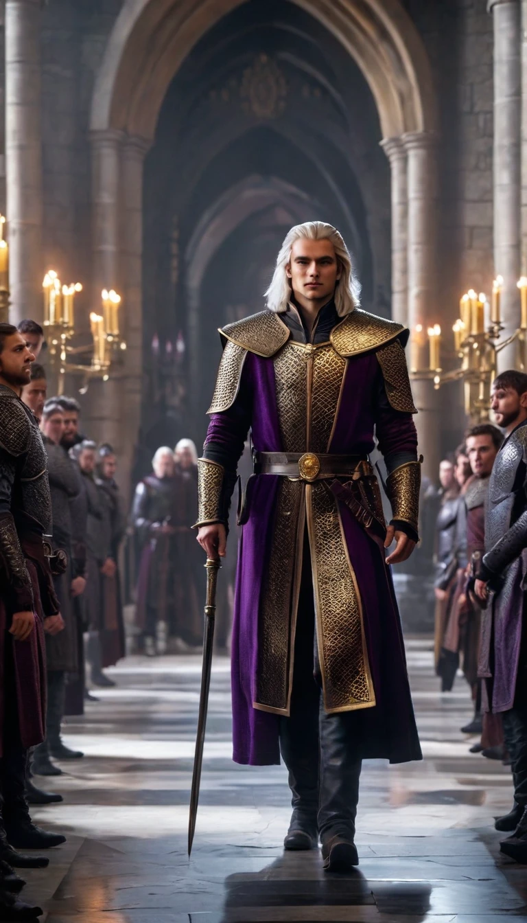 A king resembling a young Aegon the Conqueror, with silver-gold hair and purple eyes, enters the Nightfort's great hall of winter castle. He wears a golden crown with ruby ds. His young son, similarly featured, walks beside him. Black-clad Night's Watch members bow."