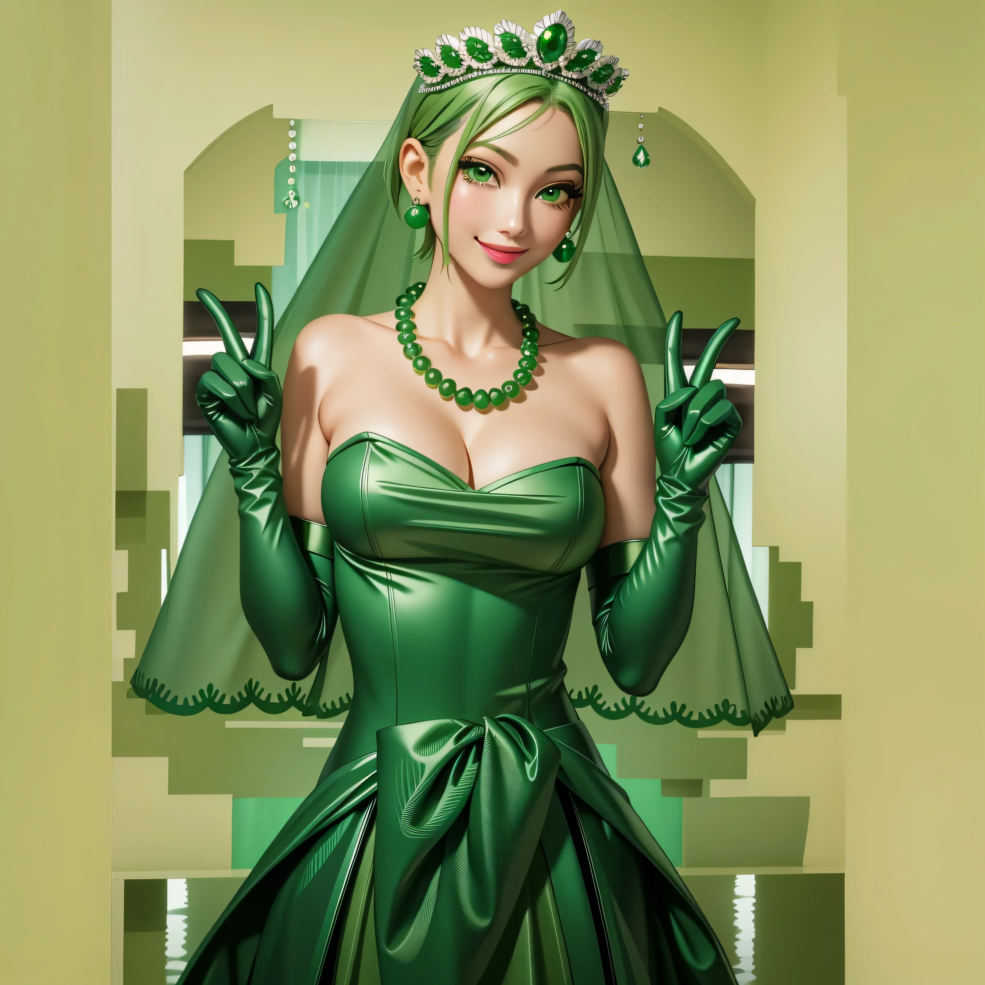 Emerald tiara, Green Pearl Necklace, Boyish very short green hair, Green Lips, Smiling Japanese woman, Very short hair,  beautiful lady, Green Eyes, Green satin long gloves, Green Eyes, Emerald Earrings, Green veil, All, Green Hair, Beautiful Japanese Woman, green lip gloss