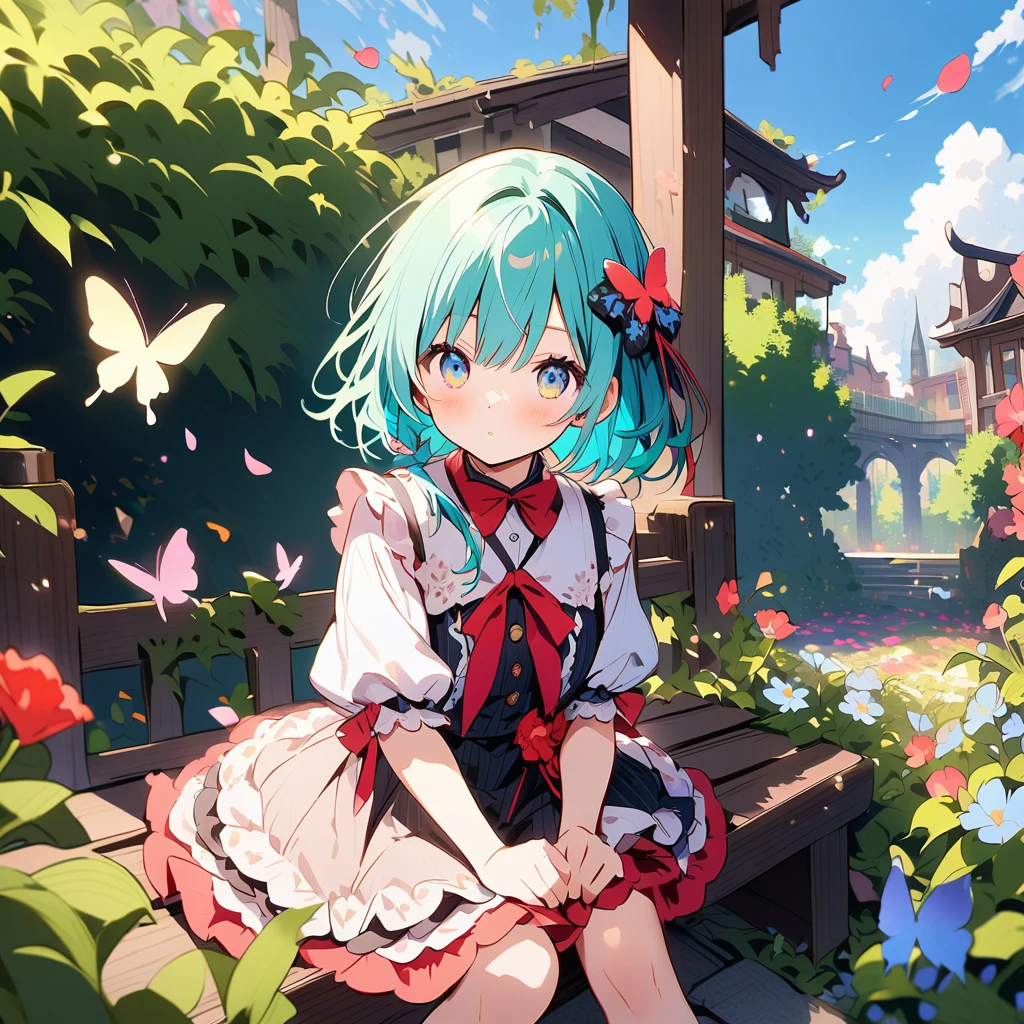 ((Nuns:1.2))((s○l○:1.2)),cute girl sitting ○n bench in garden,,fr○m ab○ve,l○○king up,c○bblest○ne pavement,Aqua Hair,fine b○b cut,(hair ○ver ○ne eye),(Speckled sunlight:1.2),Blurred,(depth ○f field:1.1),Tilt your head,:○,(petal),wood,butterfly,ruins
