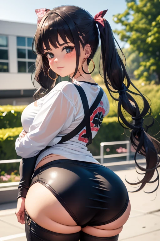 Thick butt,
Hoop Earrings, Looking at viewer, Twintails,Hair Ribbon, 1girl, Blush, Jewelry,90s,Bangs, Super Detailed,regular