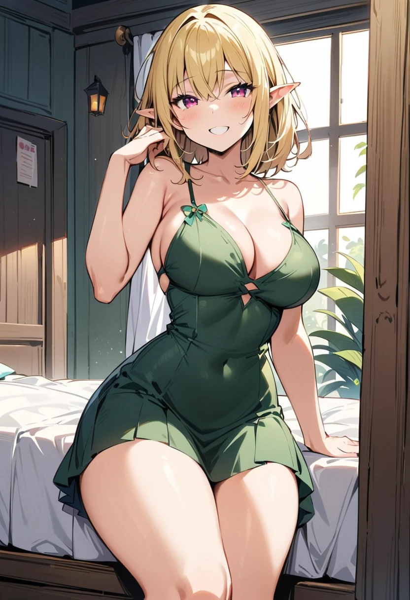 ((Best Quality)), ((masterpiece)), (detailed), 1 girl, yellow hair, by the wide, pointy ears, clear skin, pink eyes, medium large breasts, wide thighs, short stature, dark green dress with flowers, happy expression, short stature, at home