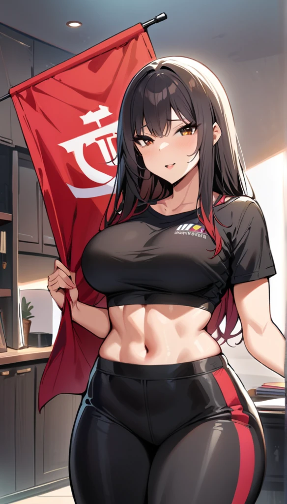 ((Best Quality)), ((masterpiece)), (detailed), 1 girl, long black hair, red locks, Brown eyes, medium large breasts, big thighs, Chica fitness, flirtatious expression, Black cropped t-shirt, tight black athletic pants, the flag, at home