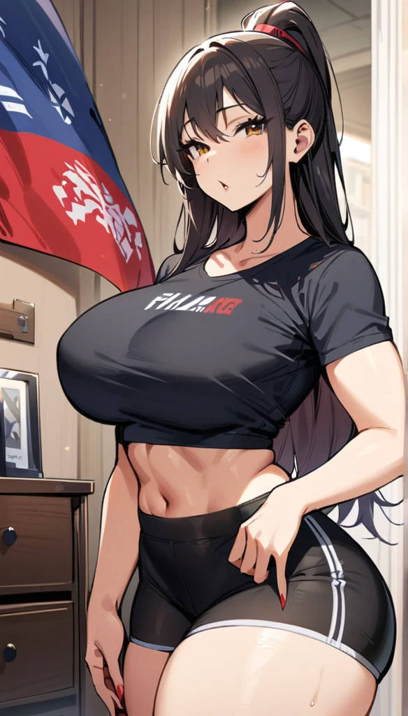 ((Best Quality)), ((masterpiece)), (detailed), 1 girl, long black hair, red locks, Brown eyes, medium large , big thighs, Chica fitness, flirtatious expression, Black cropped t-shirt, tight black athletic pants, the flag, at home