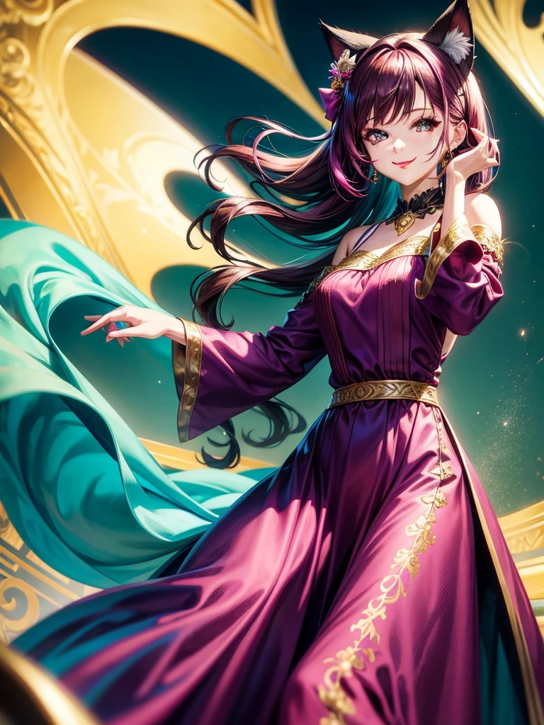 Magenta hair, brown eyes, older woman, hair bows, cat ears, long hair, smiling face, long dress outfit, teal and gold outfit, pretty background