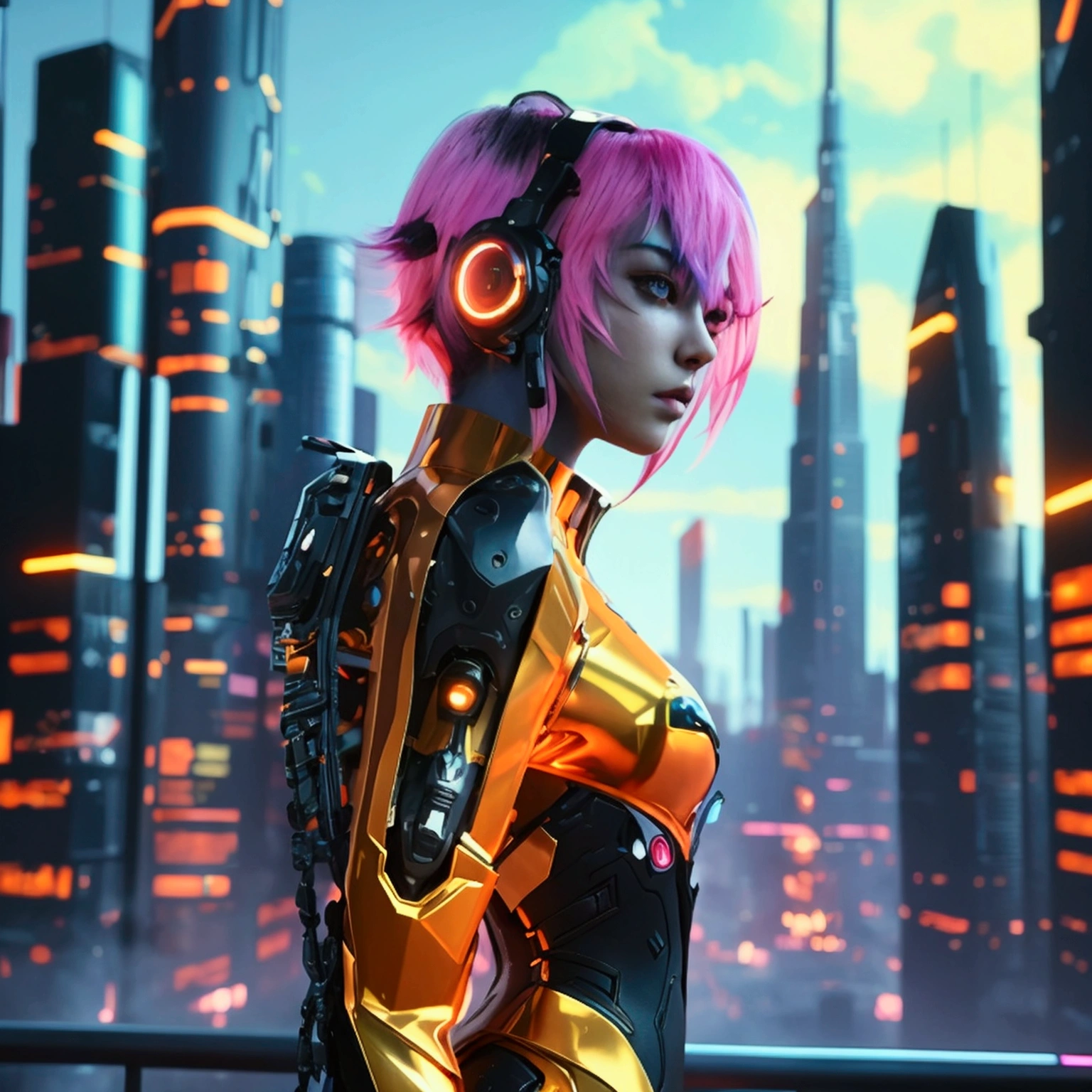 Create a high-quality digital artwork featuring a futuristic anime character. The character should have vibrant, neon-colored hair and attire with glowing tech accessories. Set the scene in a sleek, cyberpunk cityscape with towering skyscrapers and neon lights. Include intricate details and dynamic elements to highlight the character’s unique traits and advanced technology. The overall style should be modern and eye-catching, blending sci-fi aesthetics with anime flair. Ensure the character’s pose is striking and full of energy, reflecting a sense of motion and excitement.