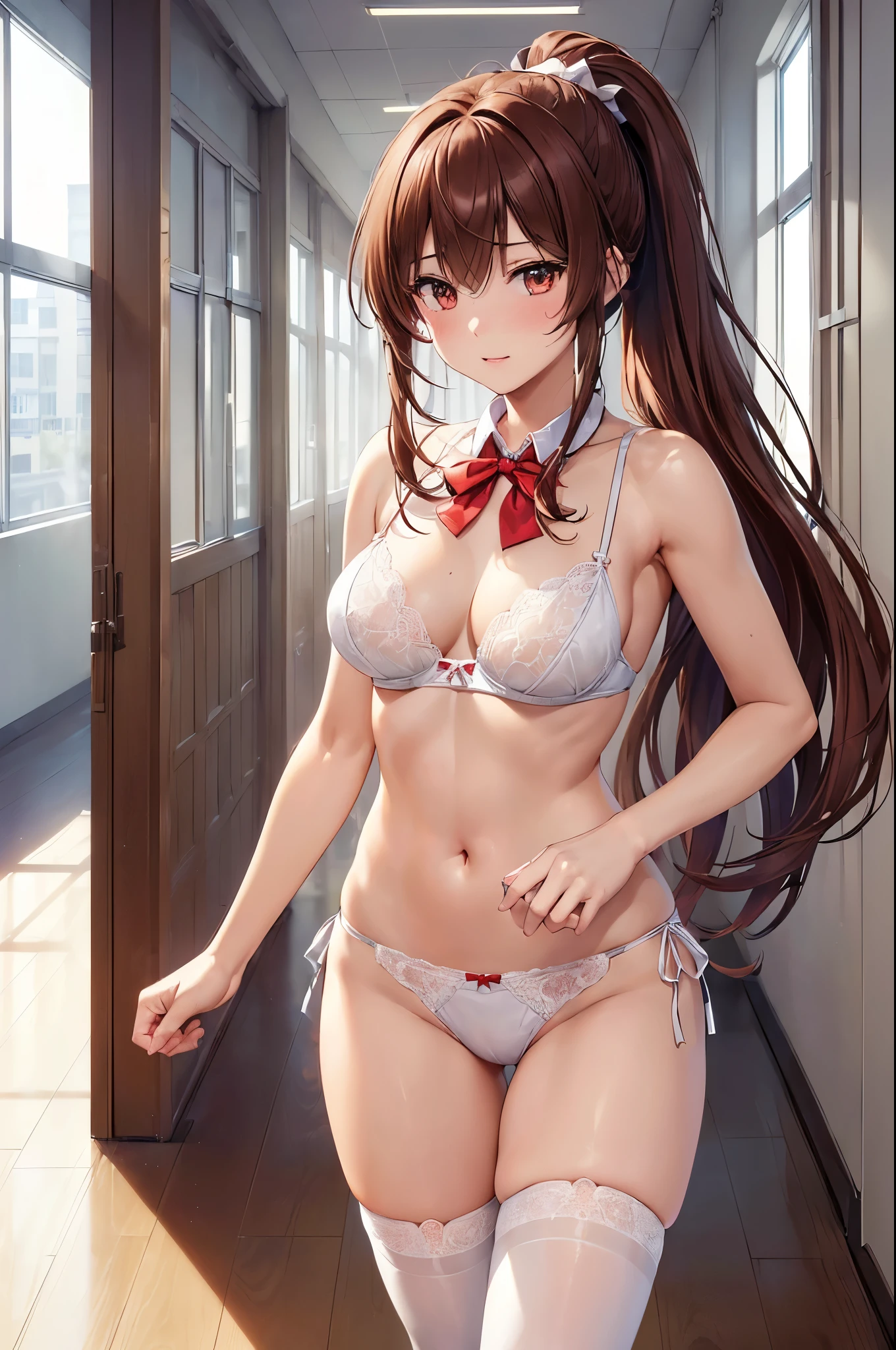 (((masterpiece, Highest quality, High resolution, 超High resolution, Perfect Pixel, Depth of written boundary, 4K, RTTX 10.0))), Beautiful Anime Woman, Beautiful art style, Anime characters, ((Smooth texture, Realistic texture, Anime CG Style)), Perfect and accurate finger count、Exact number of legs、(Exact number of arms:1.0, Exact number of hands:1.0), (Perfect hands, Perfect Anatomy), Cinematic, Realistic, Extremely detailed CG, Daytime lighting, Perfect lighting, Best Shadow, The best natural light, whole body, Perfect body, バランスのとれたPerfect body, Perfectly balanced style, Soft body, Slender body, ((bangs, Reddish brown hair, Long Hair, ponytail)), ((A cute adult woman is walking:1.8)), ((Bow tie around neck:1.3), (Sexy and cute white underwear:1.3), (Stylish shiny white satin panties, Side-tie panties, Panties with plain white center and lace decoration on the sides:1.3), (Thin panties with red ribbon:1.3), (White micro lace satin bra, White bra with lace trim, Thin bra with red ribbon:1.3), (Knee socks:1.3):1.4), (Beautiful big boobs:1.1), (Embarrassed expression:1.5), blush, (School corridor, Corridor with windows, Many male students in the background, The boys are paying attention to the girls:1.7), naked, In underwear, ブラとパンティとKnee socksだけ, School shoes, Angle from below the front
